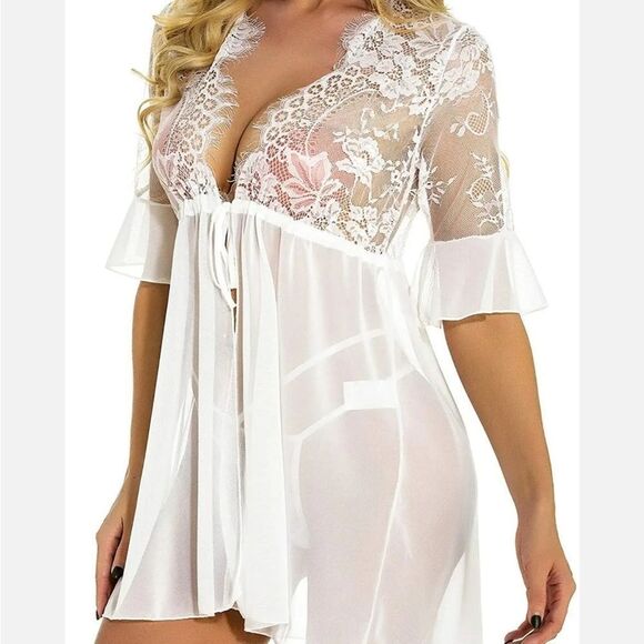 Women's Sexy Lingerie Babydoll Lace Chemise Sheer Mesh Open Front Sleepwear Set - Picture 3 of 6